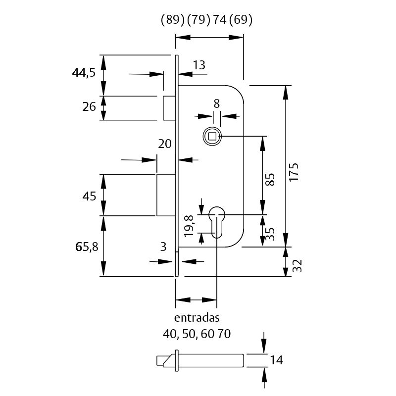TESA - Mortise lock for wooden doors Backset 50mm, axes 85 mm, Without Cylinder, Silver - Image 2