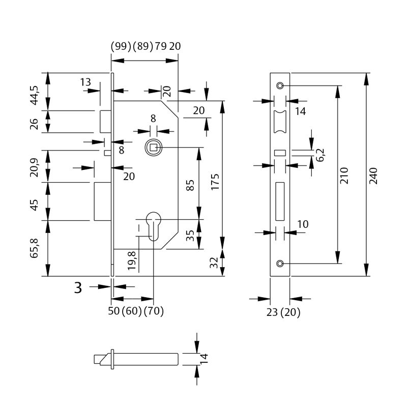 TESA - Entrance Mortice Lock without Cylinder for wooden doors Backset 60mm, axes 85 mm, Silver - Image 2
