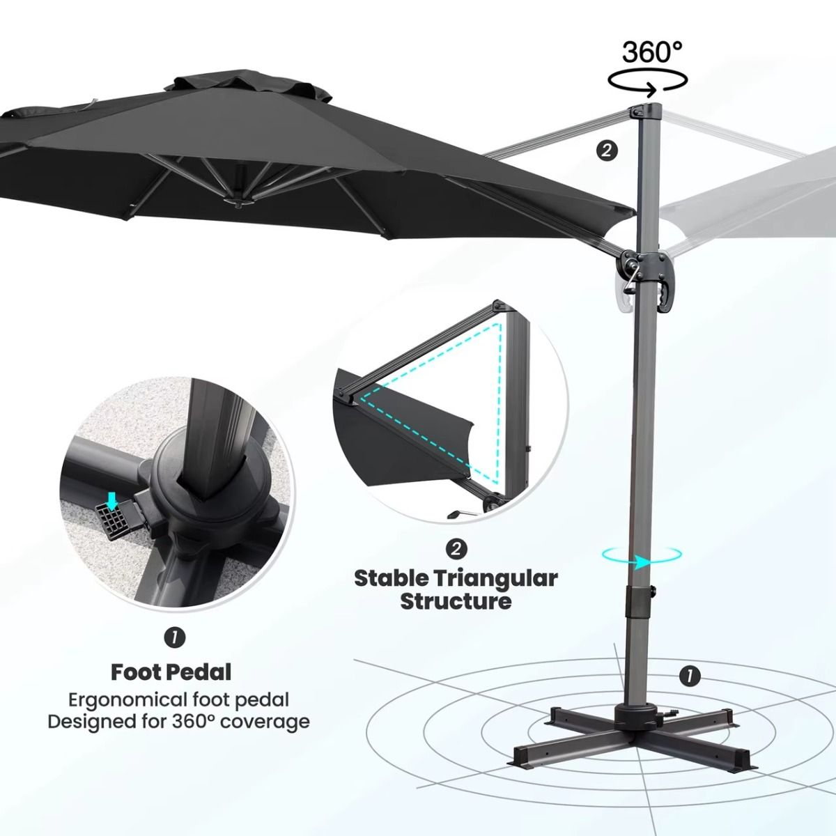 ROMA - Durable 3m Square Aluminum Cantilever Umbrella with Rotating Base Heavy Duty, frame champagne X polyester beige Waterproof & UV resistant - Image 6