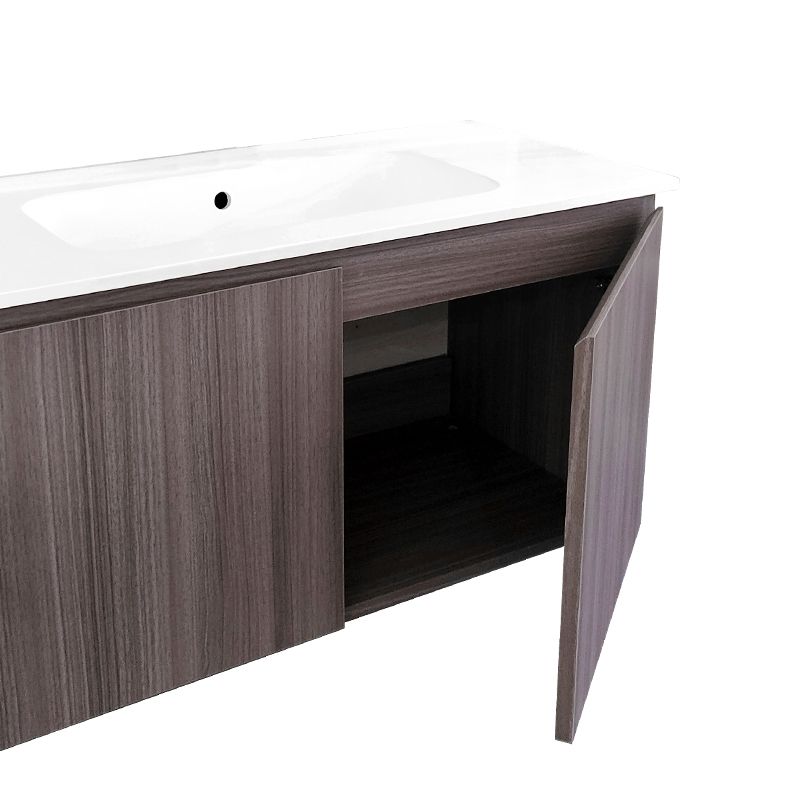 HARD countertop washbasin unit 101cm, Centered sink. Matt white X Walnut color - Image 3