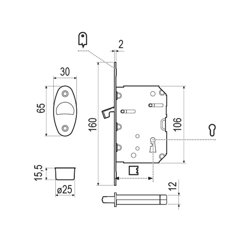 Lock Scivola tre 16 x 160 forend For Sliding Doors Matt Chrome cylinder lock - Image 2