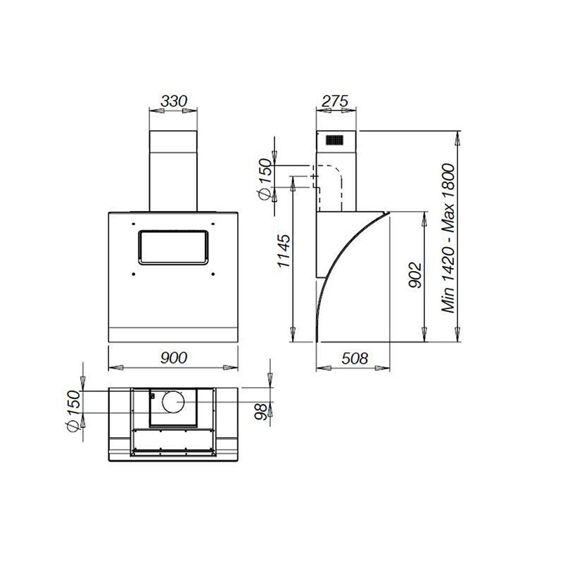 Opera 90 Wall Hood 90 Cm - Engine 886 M3 / H - Black Glass / Stainless Steel - Image 4