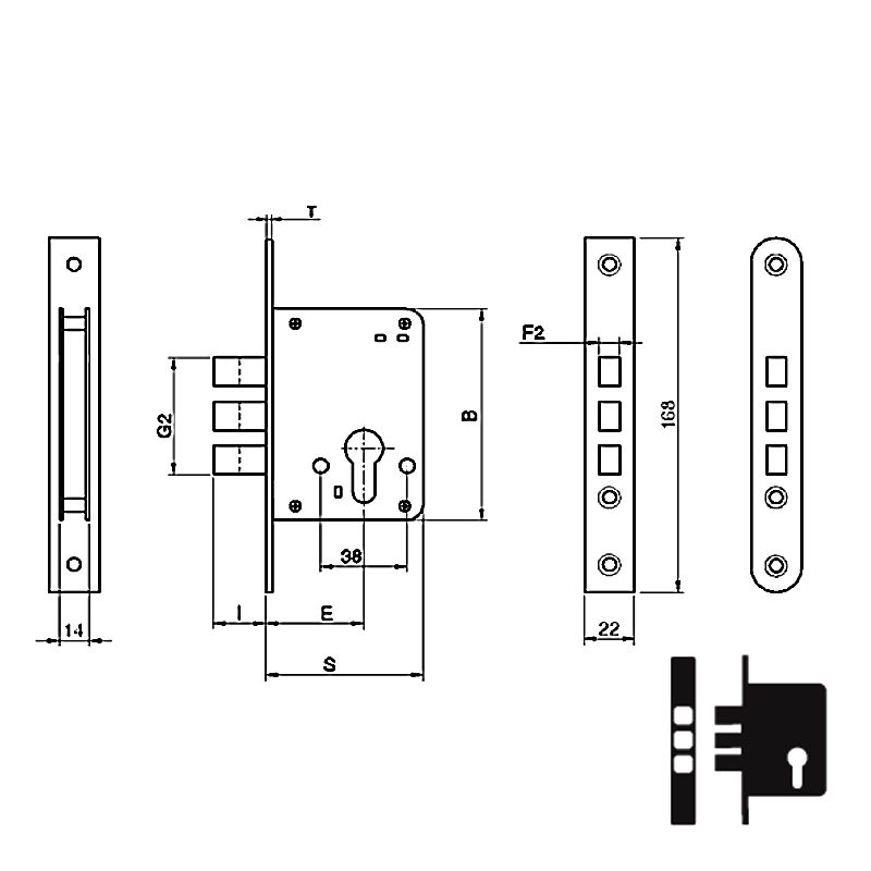 Ahram Mortise External Lock, Triple Square Deadbolt, Only 2 throws, Backset 45 mm, with cylinder and 5 computer keys, Satin Nickel - Image 4