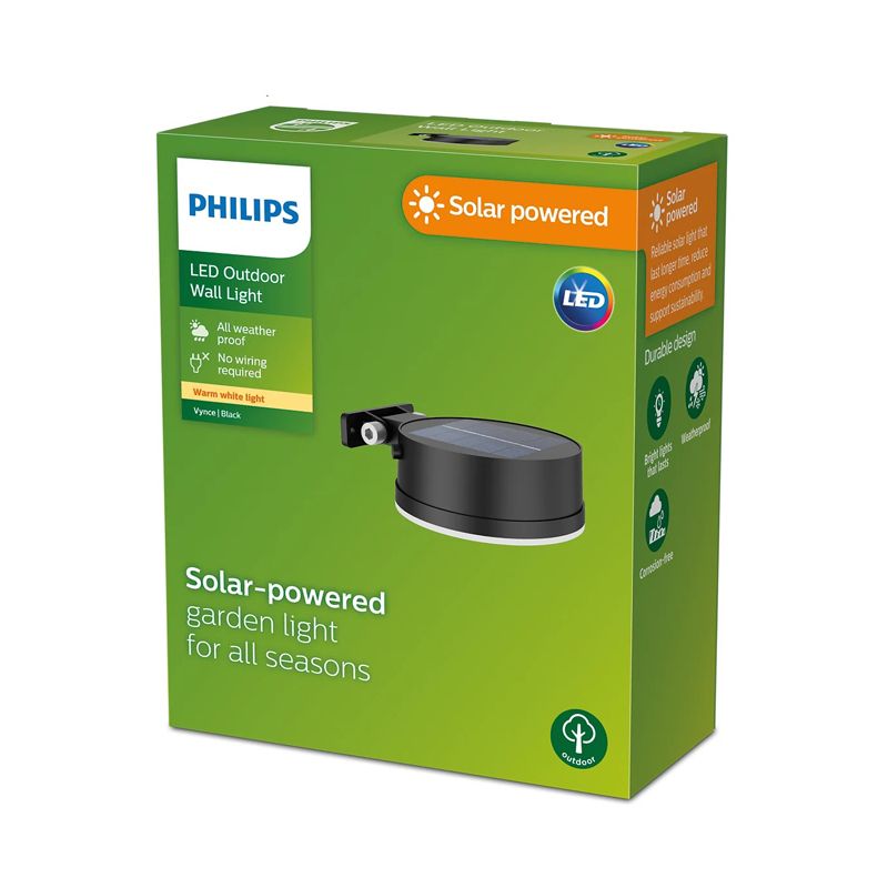 Philips - Vynce Wall Light 1.5W Outdoor luminaires 2700K Black, Round, Sensor, Solar, Water Resistant - Image 2