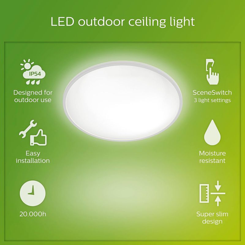 Philips - Outdoor Superslim Ceiling LED Light 15W 4000K SceneSwitch, Three light settings, IP54 Water Resistant, White - Image 2