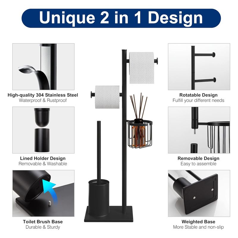 Multifunction Toilet Roll Holder and Toilet Brush Stand, Black - Image 4