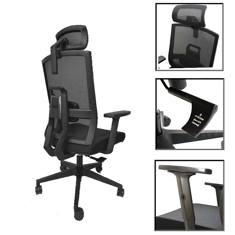 Chair office with adjustable headrest and 2D armrests , Class 3 gas bar, 60mm PU casters, Black - Image 4