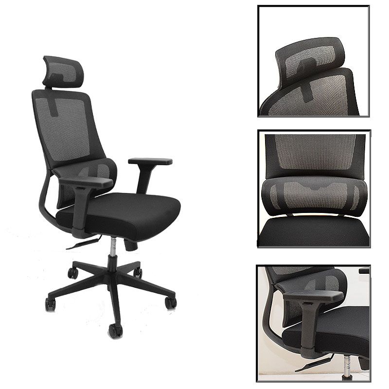 Chair office with 2D adjustment headrest and 3D armrests , Class 3 gas bar, 60mm PU casters, Black - Image 4